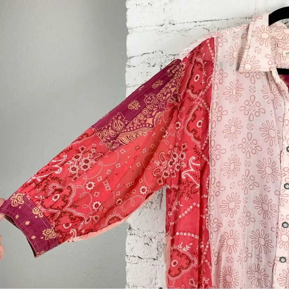 Free People Red and Cream Patchwork Bandana Button-Up Blouse